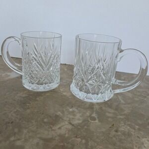Set of 2 Crystal Clear Glass Mugs Heavy Cut Pattern Elegant Design Small Chip